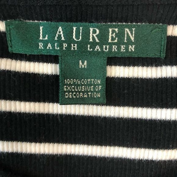 Lauren Ralph Lauren Size M Black and White Striped Cotton Knit Top Zip Shoulder - Picture 7 of 8